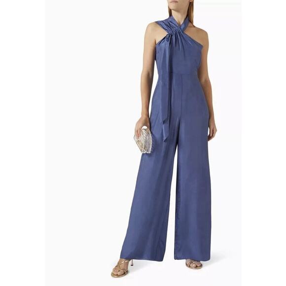 NWT Elliatt Anthropologie Waterside Blue Silk Jumpsuit One Shoulder Size Small - Picture 1 of 16